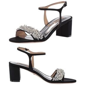 NEW Badgley Mischka Clair Black Satin Ankle Strap Crystal Pearl Heels Size 7.5